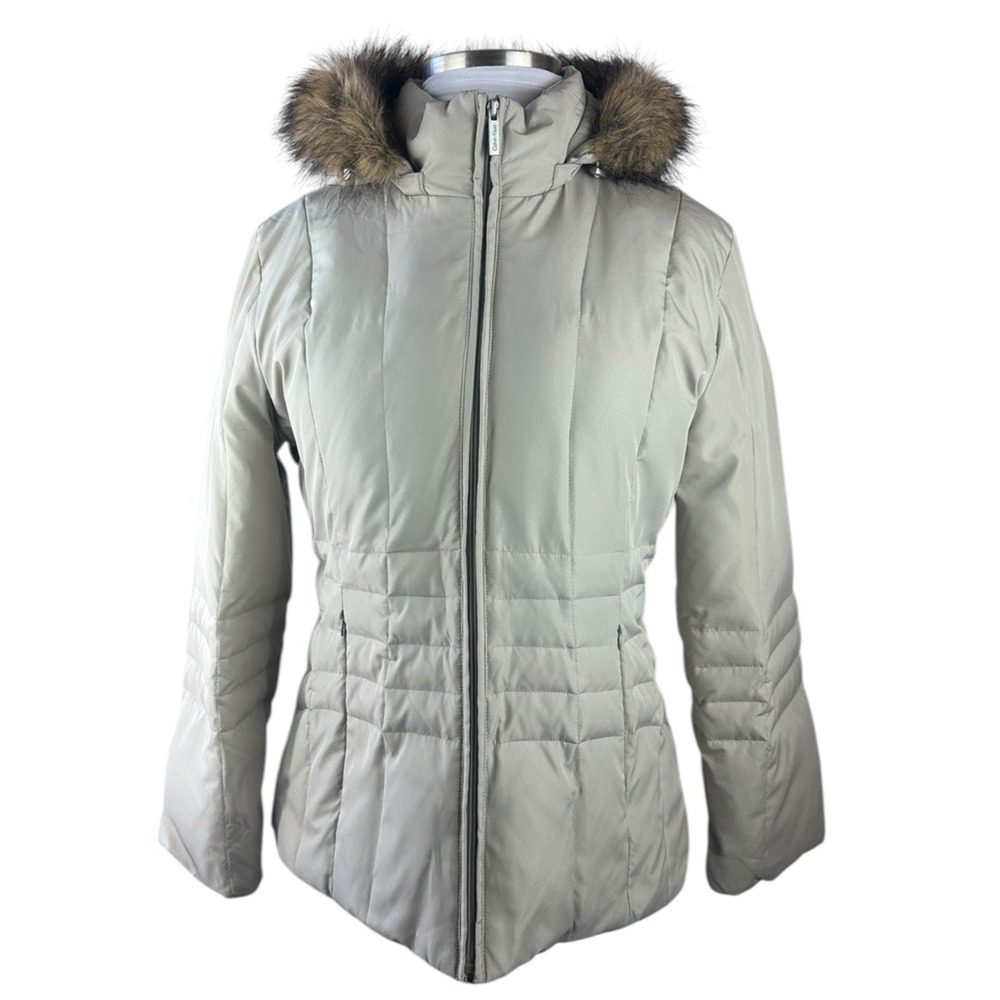 Calvin Klein Down Puffer Coat Faux Fur Hood Beige Full Zip Women's Size XL - Picture 15 of 15